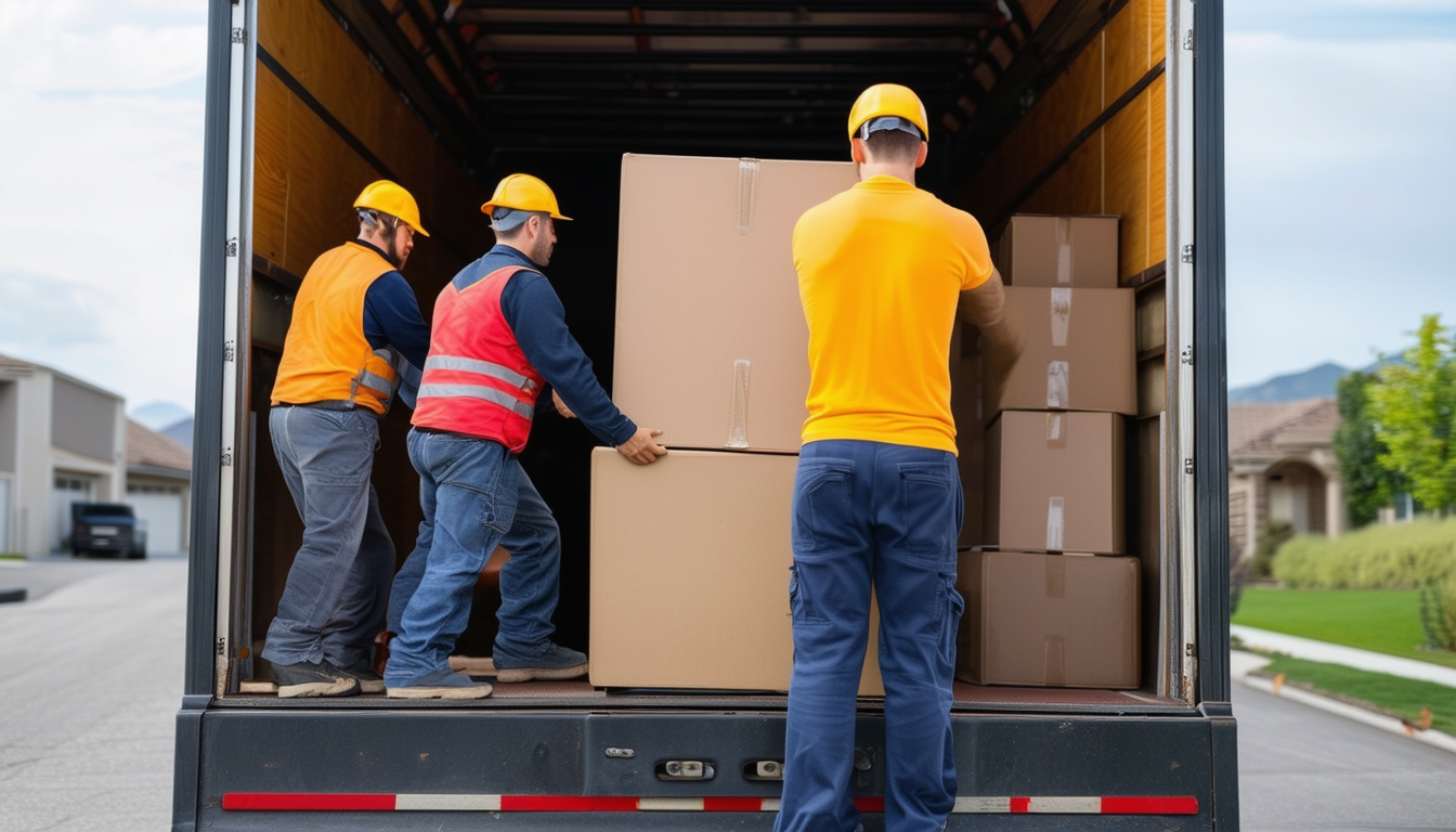 A team of professional movers carefully loading fu